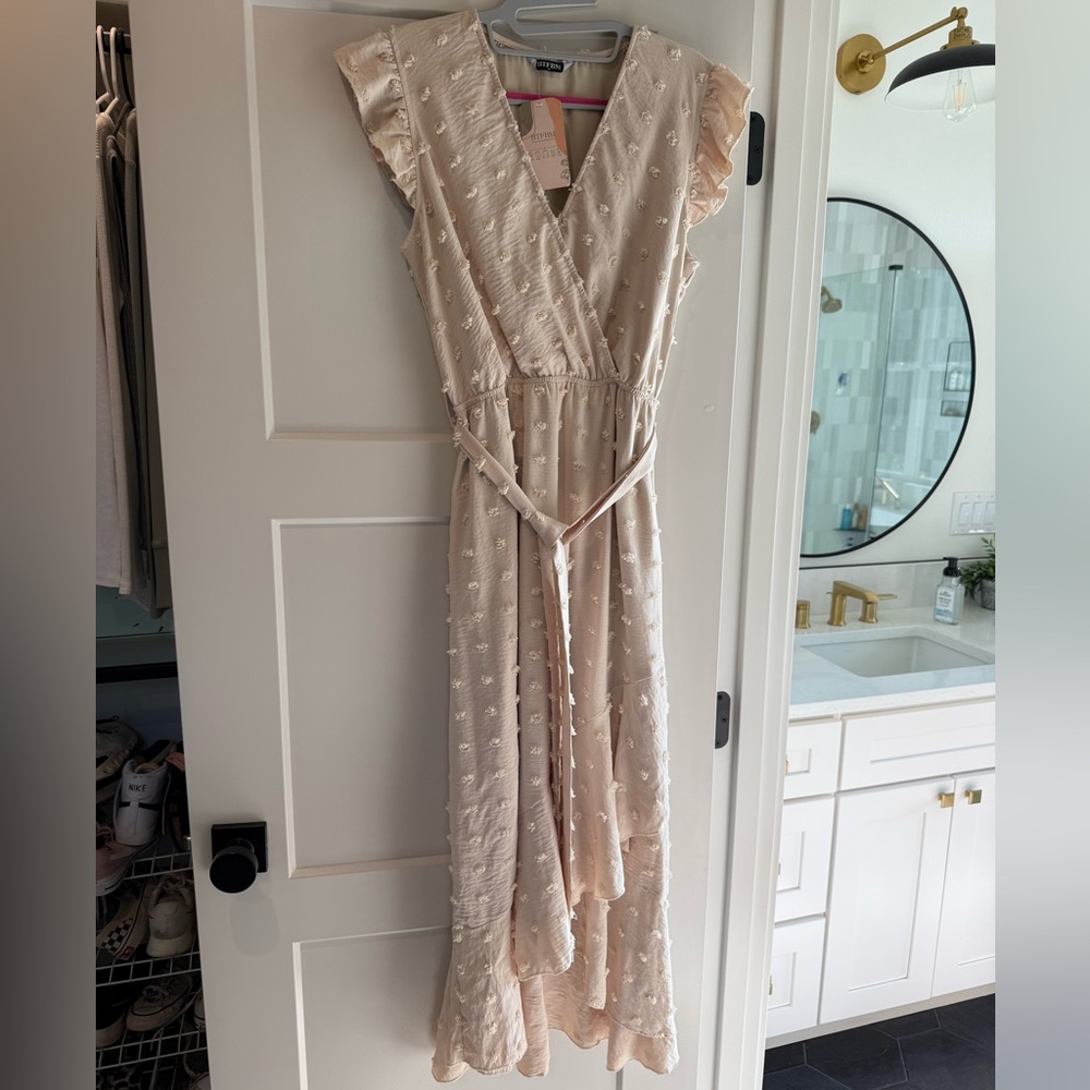 Cream High Low Sundress with Flutter Sleeves and V-neck